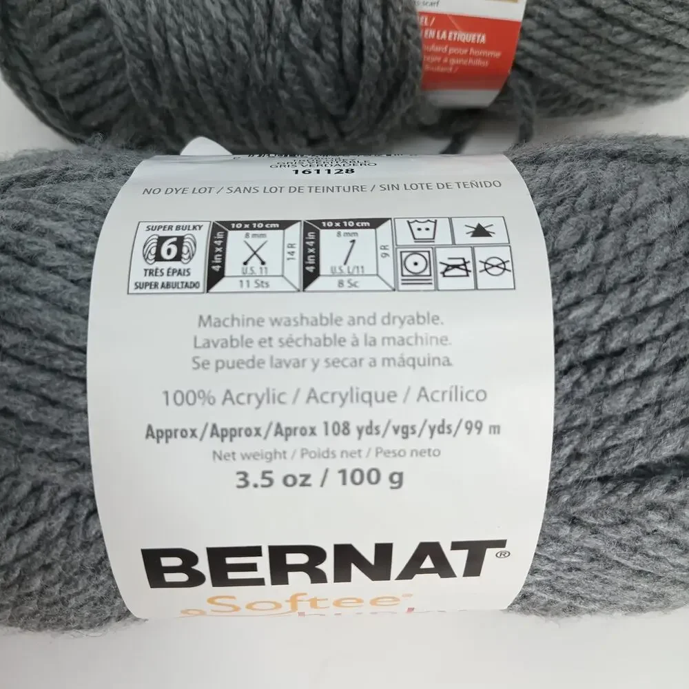 Bernat Softee Chunky Yarn Lot True Gray 2 Pack #6 Super Bulky 3.5 oz 100g 28044
